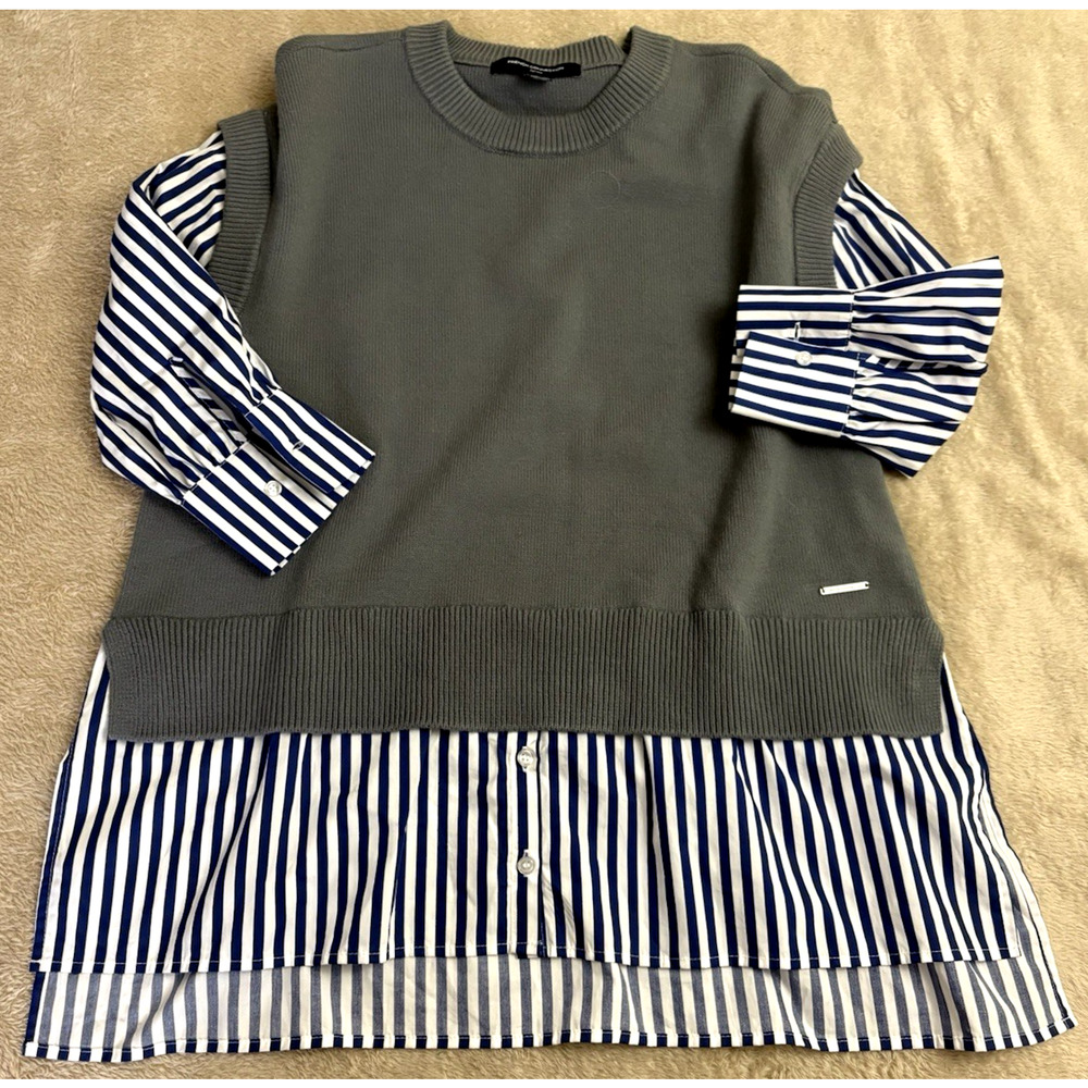 French Collection Women's Sz XL Notch Collar Sweater Vest 2fer Stripes Gray Blue